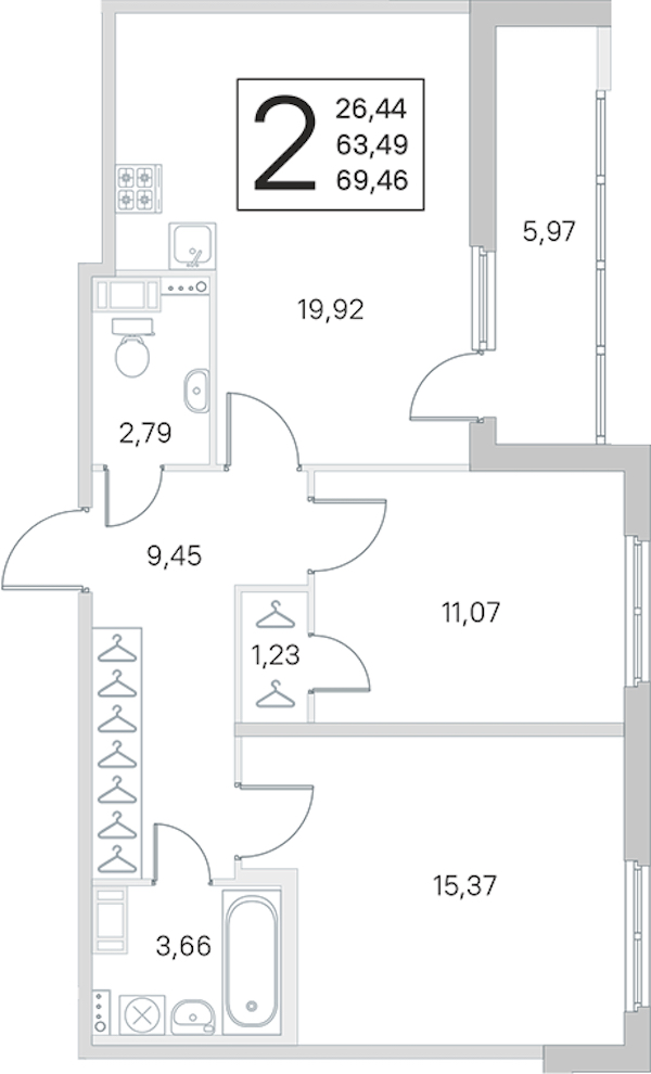 2-комнатная квартира 63.49 м², 2/4 эт., ЖК «Любоград в Стрельне»